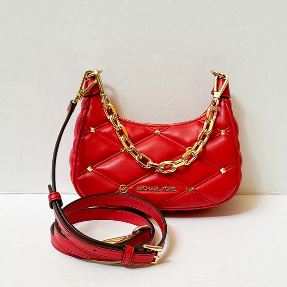 Michael Kors CORA XS MINI Shoulder Crossbody Bag Quilted Bright Red/Gold - Picture 1 of 14